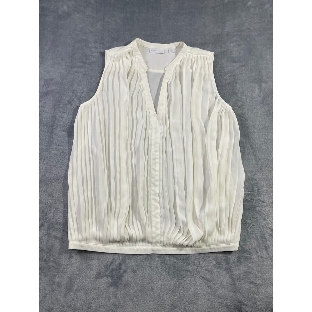 New York & Company White Pleated Sleeveless V-Neck Blouse Top Size M